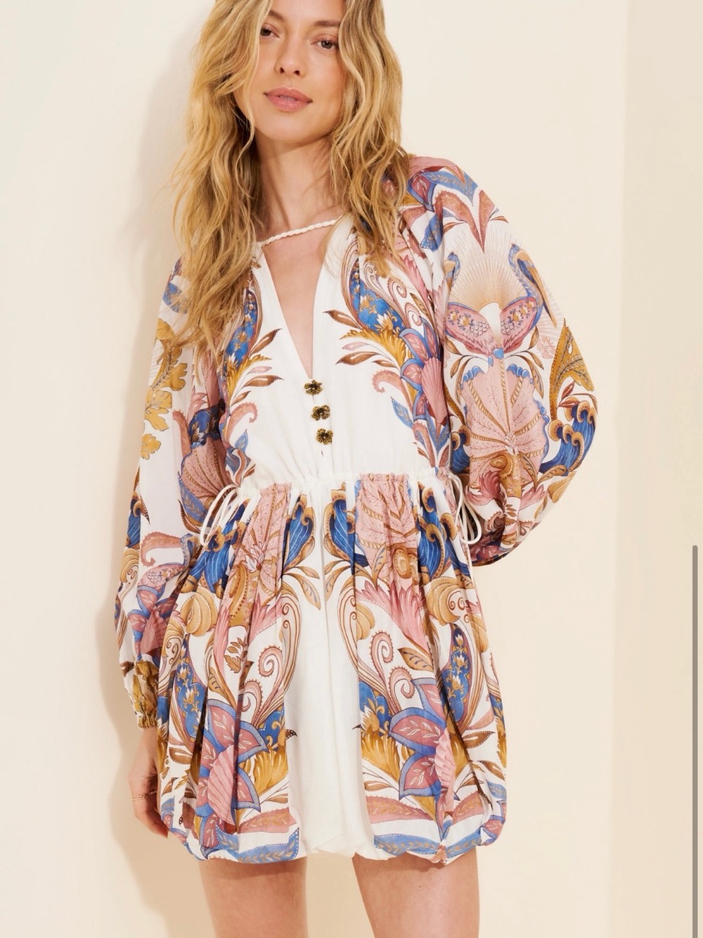 FARM Rio White Multicolor Paisley V-Neck Balloon Sleeve Tunic
